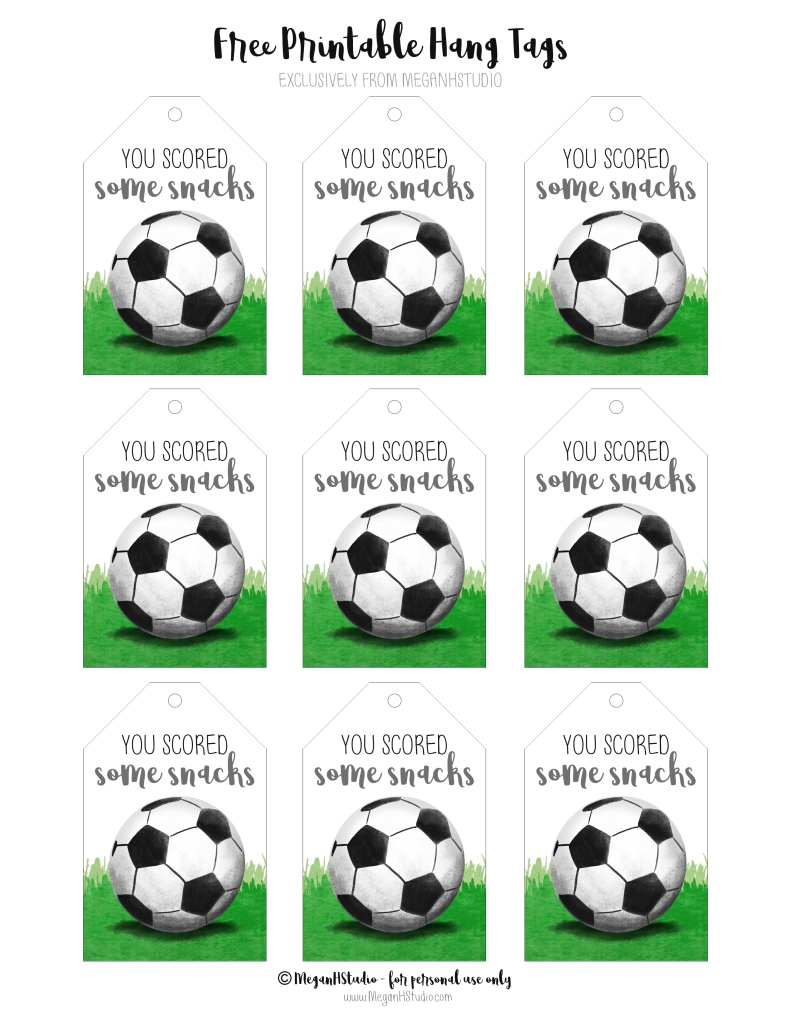 soccer gift tags soccer party printables, soccer snack ideas, soccer game snack tags, soccer party decor, meganhstudio, free printable soccer tags
