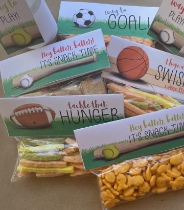 sports themed snack tag printables, snack bag toppers for sports party, sports themed snack bag toppers