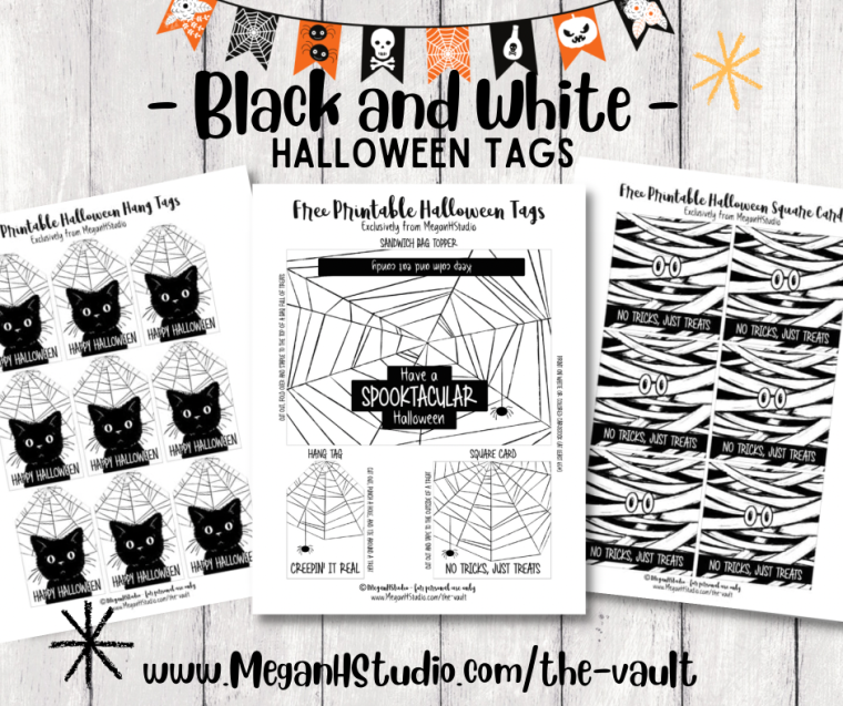 black and white halloween treat tags, free printable halloween party favor tags