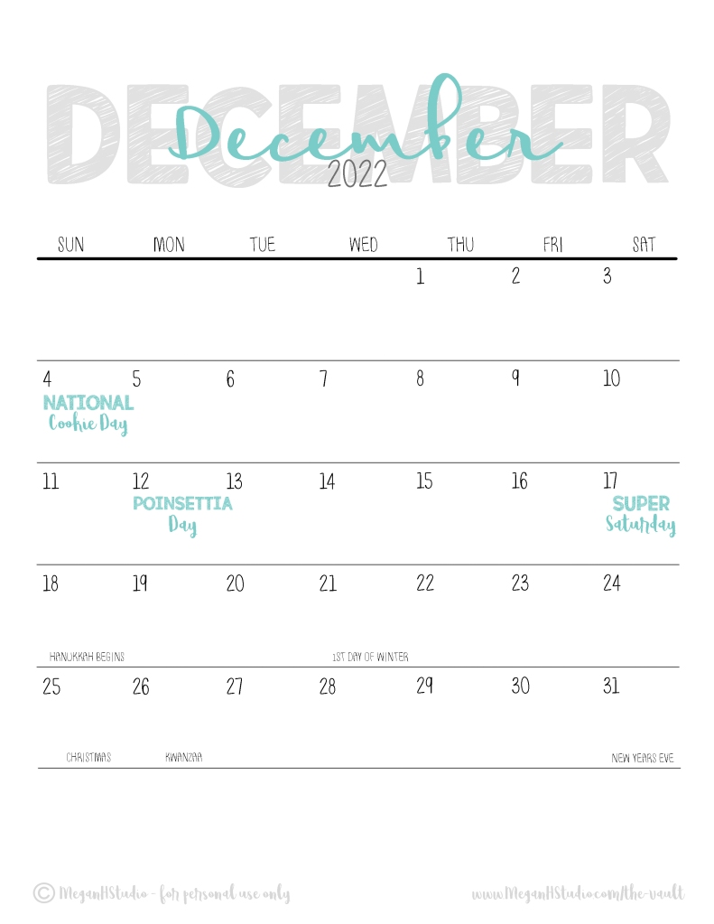 December 2022 social calendar free printable