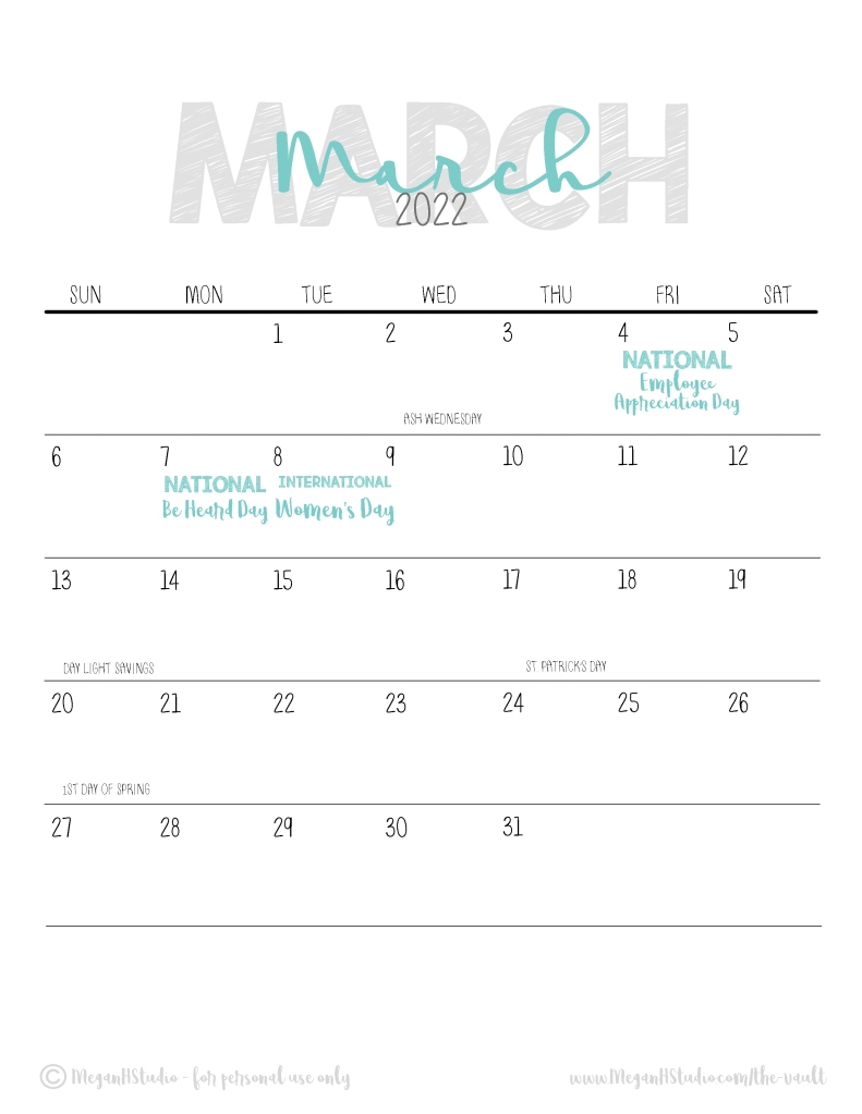 march 2022 free printable calendar with US holidays and social media holidays