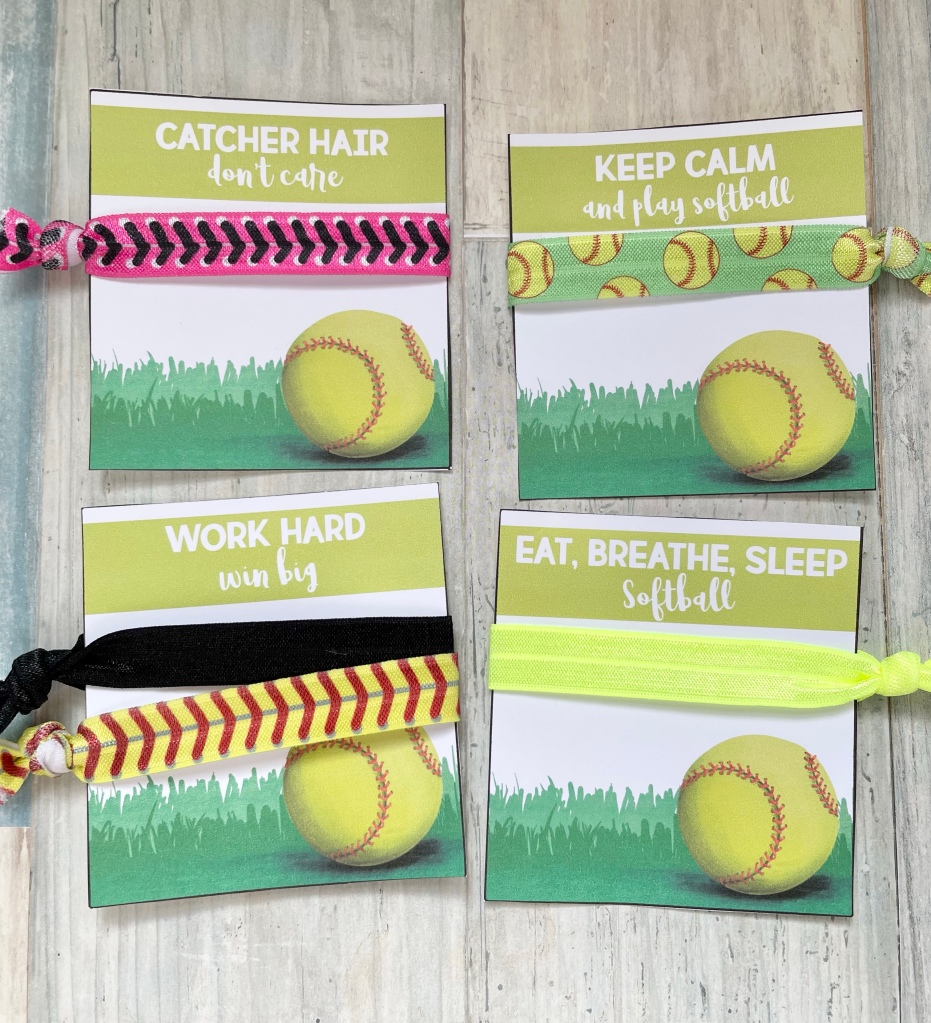 DIY softball party favors, softball themed hair elastic cards free printables, softball themed DIY gift ideas