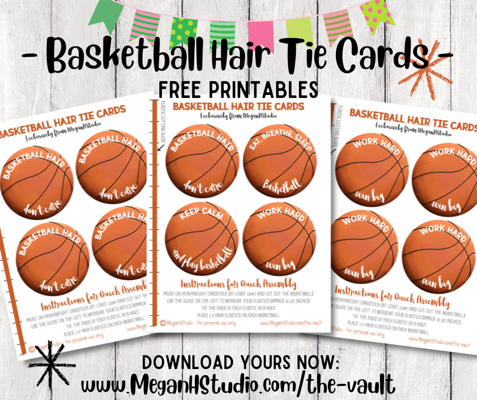 DIY Girl’s basketball party favor ideas, DIY basketball scrunchie free printable hair tie cards, meganhstudio