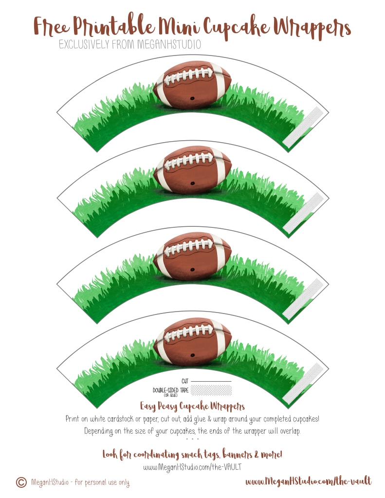 free printable mini cupcake wrappers with hand drawn details from meganhstudio, sports party ideas