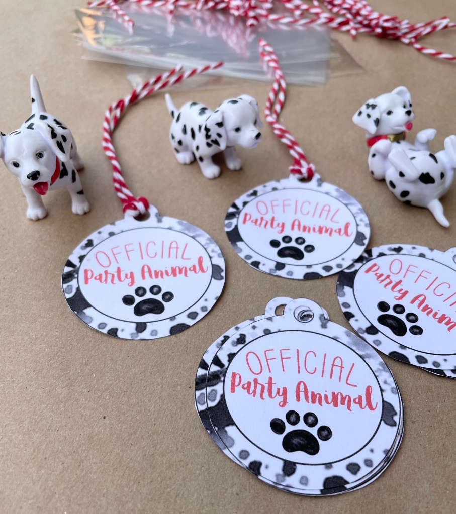 party animal pet tags, DIY party favor tags, dalmation party theme ideas, dalmation party decor, candy free party favors