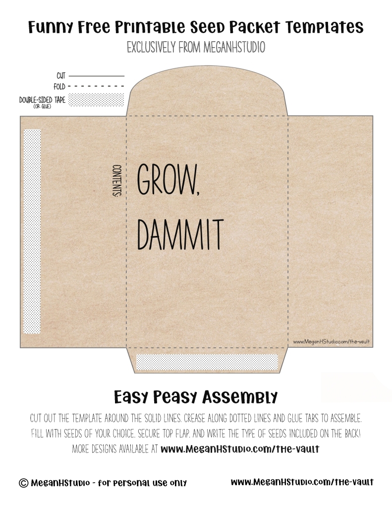 DIY funny planters, free seed envelope template download, meganhstudio grow dammit, plant puns