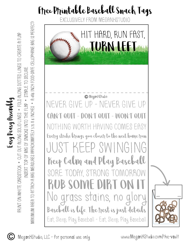 baseball inspirational quotes, baseball snack ideas, snack tags for baseball, baseball party favor tags