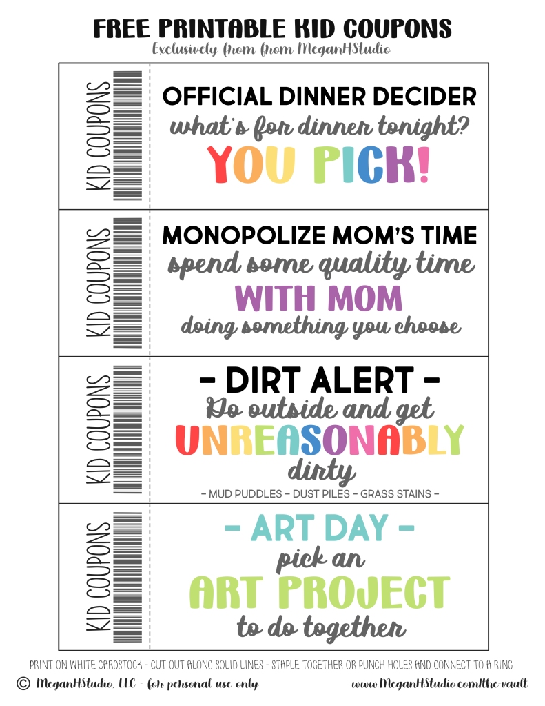 dinner decider coupon, mommy time coupon, art day coupons for kids, free printable kid coupons