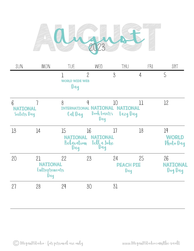 august 2023 free printable social media holidays and US holidays free download